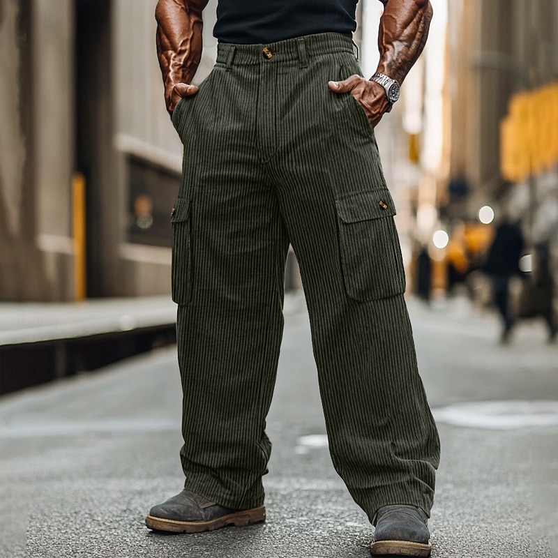 Men's Cargo Pants Corduroy Pants Trousers Baggy Pants Casual Pants Pocket Elastic Waist Multi Pocket Plain Comfort Soft Full Length Outdoor Daily Going out Fashion Streetwear Black Army Green