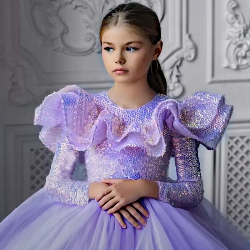 Kids Girls' Party Dress Solid Color Sleeveless Long Sleeve Performance Mesh Princess Sweet Mesh Mid-Calf Sheath Dress Tulle Dress Summer Spring Fall kids Purple2