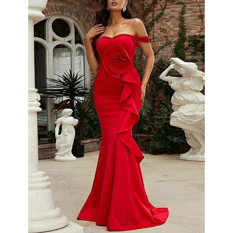 Mermaid Evening Gown Elegant Dress Formal Sweep / Brush Train Short Sleeve Off Shoulder Pocket Stretch Crepe with Pleats