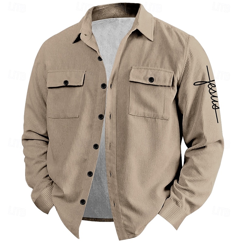 Men's Jesus Faith Corduroy Shirt Shirt Jacket Overshirt Long Sleeve Vintage Fashion Casual Outdoor Dailywear Holiday Fall & Winter Turndown Collared Shirts Buttons 3D Print 2 Pockets 1pc Black Blue4