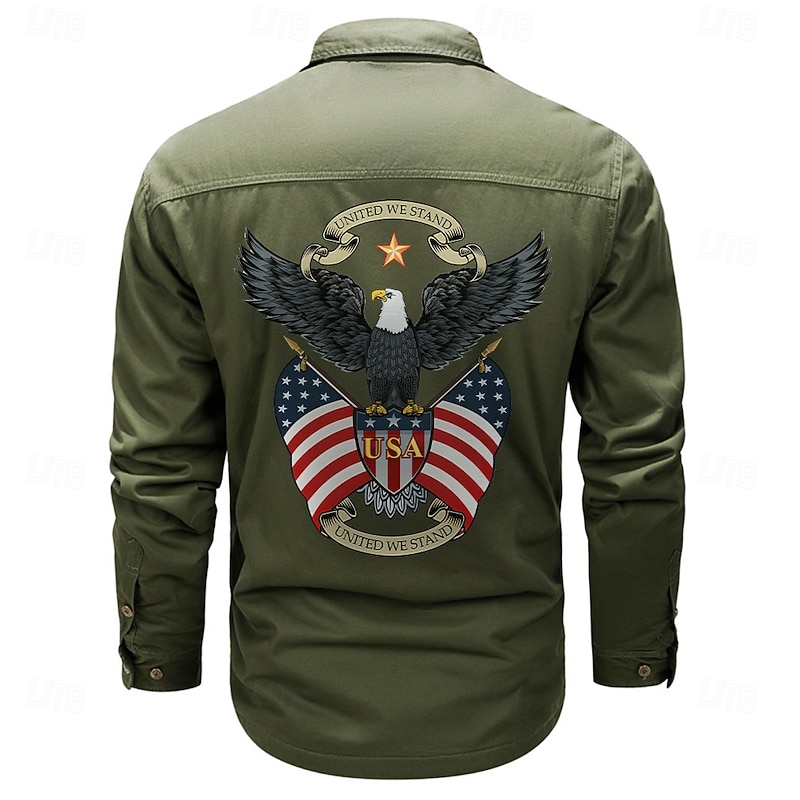 Men's Eagle US Flag Work Shirt Western Shirt Cargo Shirt Long Sleeve Casual Sports & Outdoor Going out Fall Winter Turndown Print Black Army Green Khaki