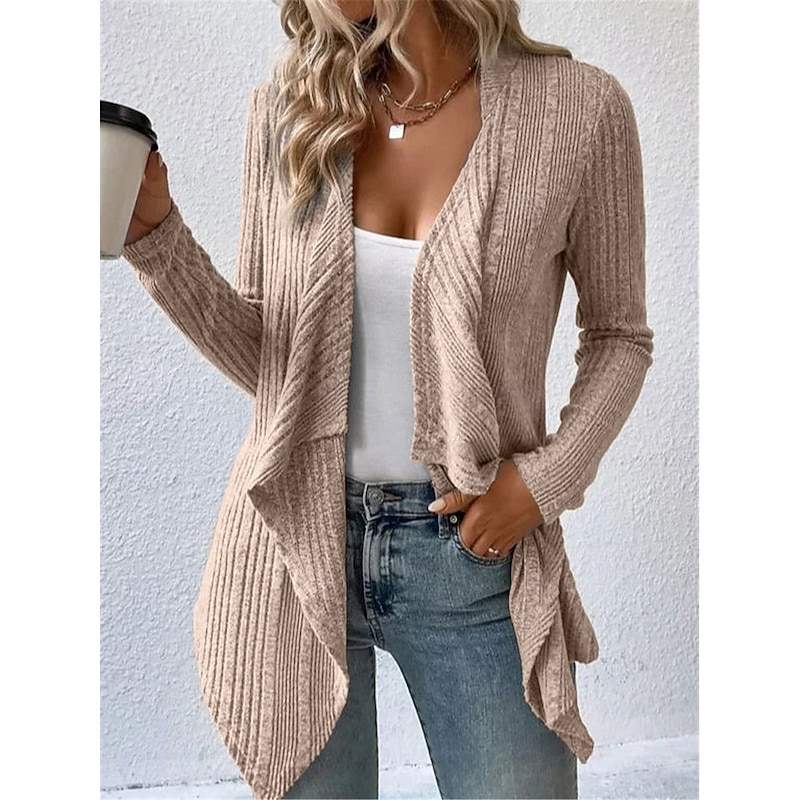 Women's Sweater Cardigan Casual Soft Pure Color Ribbed Open Front Knitted Long Sleeve Long Tops Knit Outdoor Daily Weekend Green Khaki Fall Winter