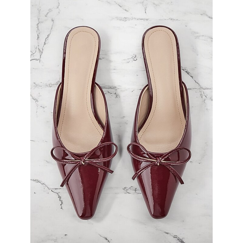 Women's Burgundy Patent Faux Leather Mules with Bow Detail - Chic Slip-On Heels with Pointed Toe for Elegant Outfits2