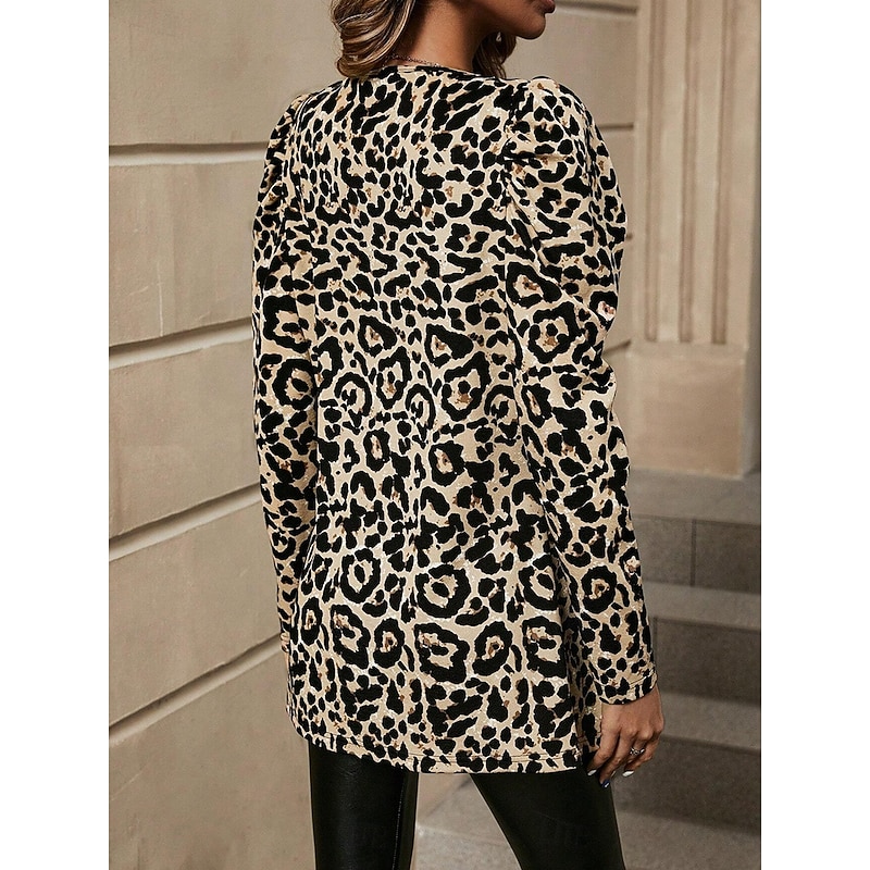 Women's Blazer Outdoor Adjustable Leopard Comfortable Stylish Regular Fit Outerwear Long Sleeve Fall Brown XL3