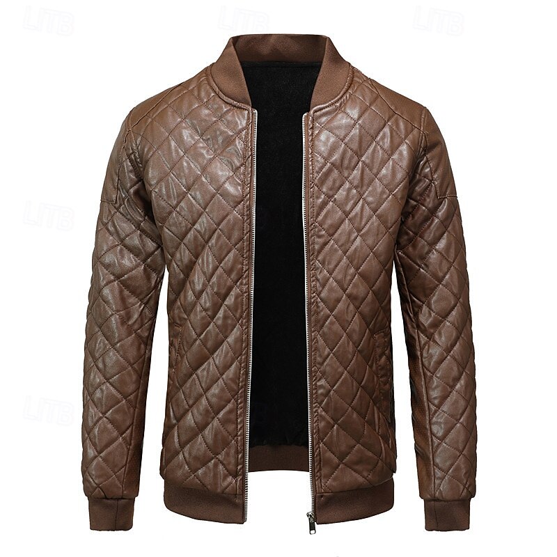 Men's Faux Leather Jacket Bomber Jacket Motorcycle Jacket Home Office Windbreaker Pocket Winter Spring &  Fall Color Block Vintage Classic Style Regular Blue Brown Jacket3