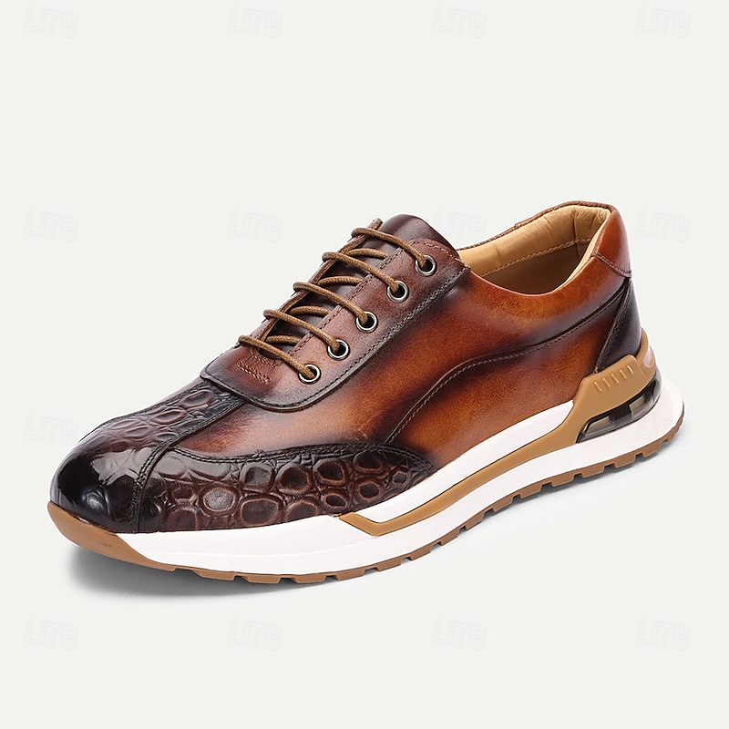 Men's Premium Cowhide Leather Sneakers with Crocodile Texture and Lace-Up Design – Casual Athletic Shoes for Everyday Wear2