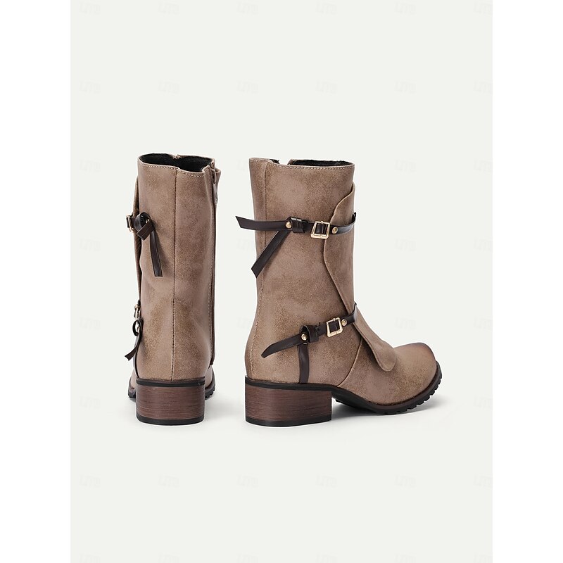 Women's Casual Faux Leather Ankle Boots – Side Zipper, Double Buckle Straps, and Stacked Heel for Everyday Wear4