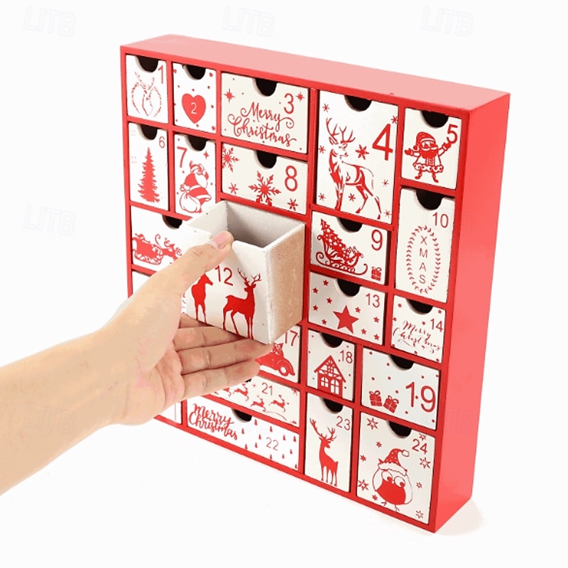 Christmas Advent Calendar with 24 Drawers - Wooden Table Decor Count Down to Christmas Gift, Tree, Reindeer, Snowflake Decorations - Festive Holiday Countdown2