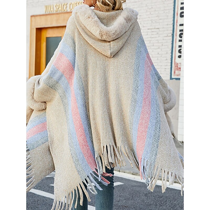 Women's Cloak / Capes Outdoor Street Daily Wear Fall Winter Regular Coat Regular Fit Thermal Warm Breathable Stylish Casual Jacket Long Sleeve Stripe Faux Fur Trim Khaki Apricot Gray2