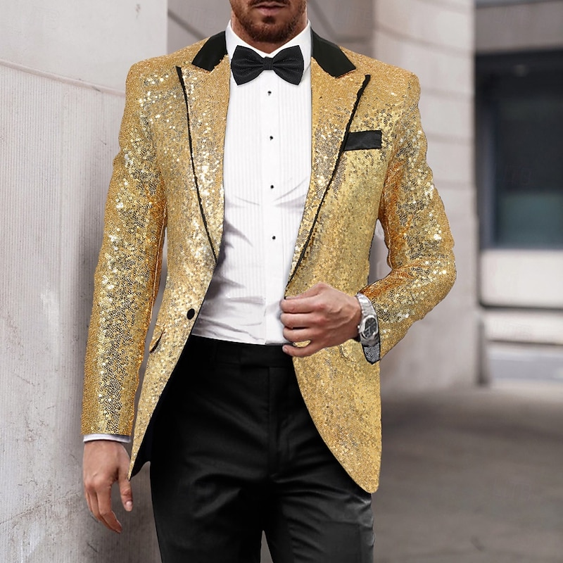 Men's Blazer Jacket Tuxedo Closure collar Luxury Sparkle Patchwork Solid Colored Blazer Black Silver Red Standard Fit Single Breasted One-button