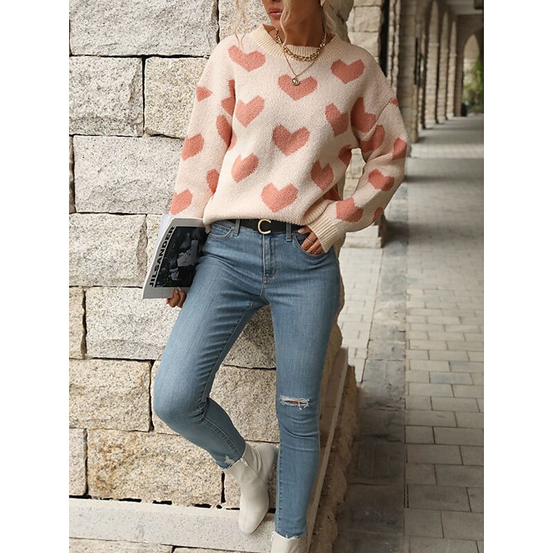 Women's Sweater Pullover Sweater Jumper Casual Soft Heart Ribbed Crew Neck Knitted Long Sleeve Regular Tops Knit Outdoor Daily Weekend Pink Fuchsia Fall Winter4