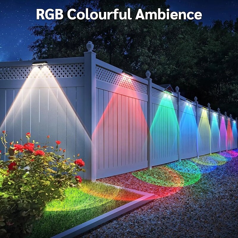 2/4pcs Solar Fence Light RGB Color Changing Outdoor Solar Wall Lamp Garden Yard Decor Step Lamp IP65 Waterproof Pathway Wall Stair Lamp Balcony Porch Lighting Decoration4