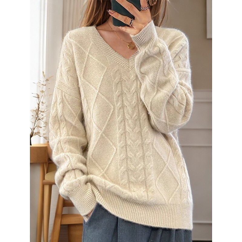 Women's Valentine Pink Sweater Pullover Sweater Jumper V Neck Cable Knit Knitted Drop Shoulder Spring Fall Home Daily Holiday Daily Soft Long Sleeve Argyle Pure Color White Pink2