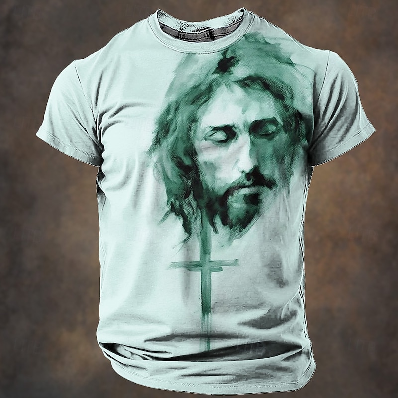 Christmas Men's Jesus T Shirt Short Sleeve T shirt 3D Print Crew Neck Shirt Retro Vintage Casual Street Style Christmas Sports Outdoor Holiday Light Blue Light Green Light Brown Spring & Summer4