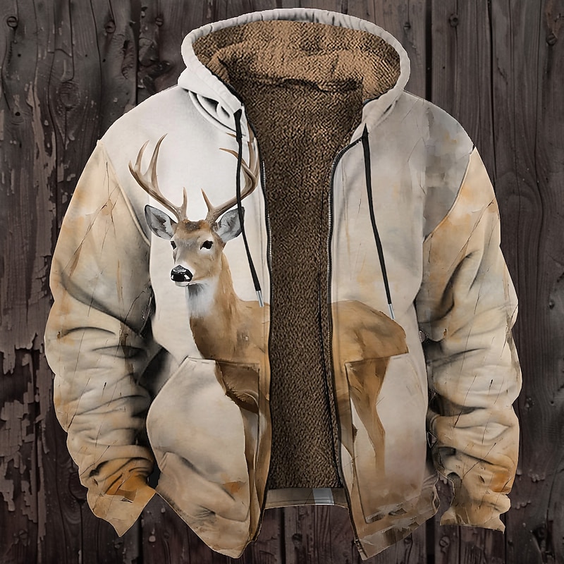 Men's Deer Fleece Hoodie Hoodies Fashion Daily Long Sleeve Hooded Vacation Sports Outdoor Streetwear Brown Drawstring Fall Winter Designer