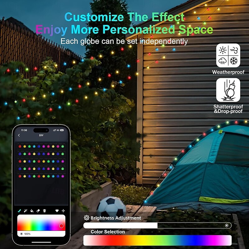 Dimmable RGB Outdoor String Lights 16ft 10m 25 LEDs, 32ft 5m 50 LEDs Color Changing String Lights with App & Remote Control Perfect for Christmas Parties Home Decorations4