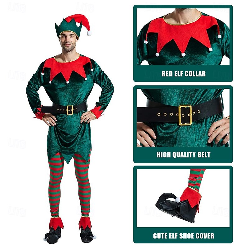 Elf Outfits Fancy Costume Christmas Costume Men's Women's Cosplay Costume Adults Christmas New Year Christmas Eve Christmas Party Top Belt Socks Shoes Hat3