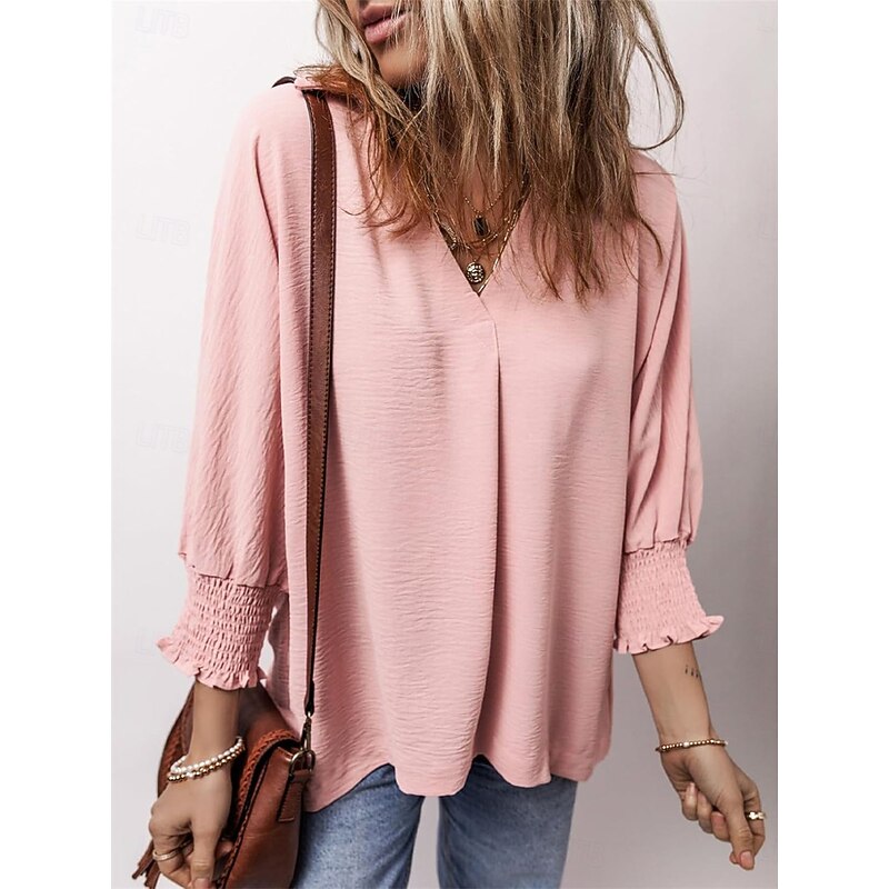 Women's Shirt Blouse Solid Color Basic Casual Long Sleeve V Neck Regular Tops Daily Patchwork Buttons Pink Blue Beige Fall Winter2