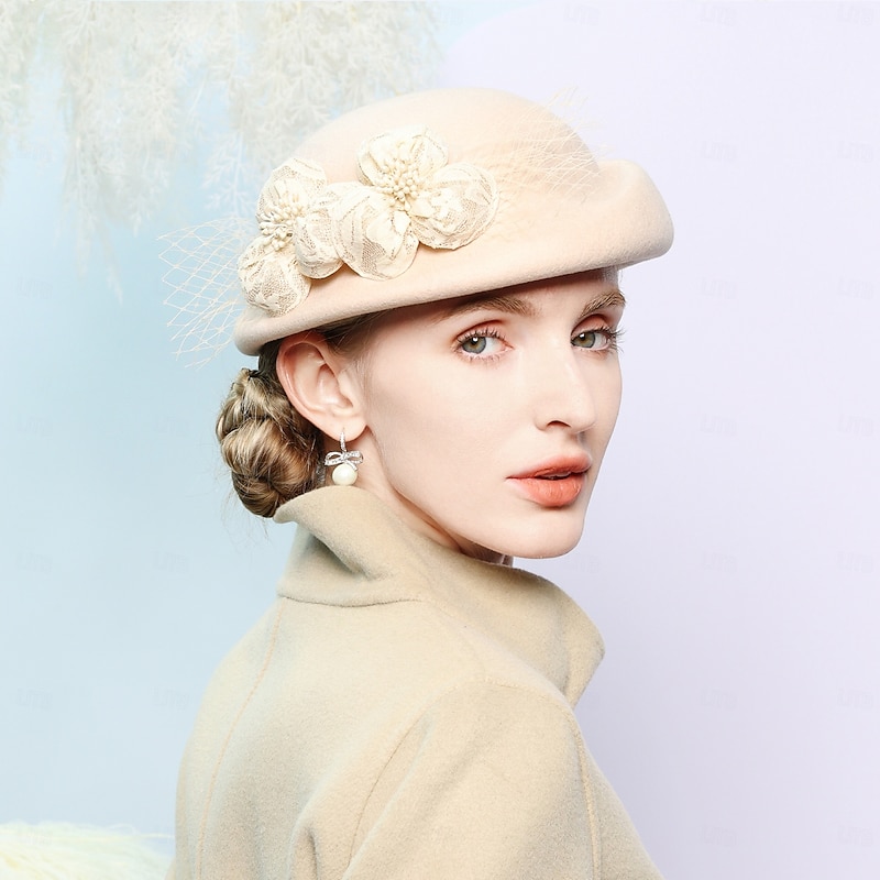 Hats 100% Wool Beret Hat Bowler / Cloche Hat Wedding Tea Party Elegant Wedding With Lace Side Splicing Headpiece Headwear4