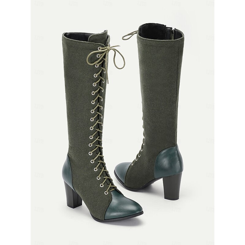 Women's Victorian Vintage Lace-Up Knee-High Boots – Green Suede and Leather, Side Zipper and Chunky Heel – Elegant Retro Style for Special Occasions3