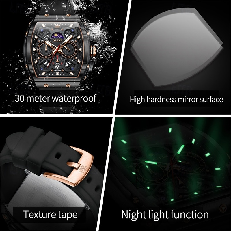 New Olevs Olevs Brand Fashion Trend Men'S Watches Decorative Luminous Calendar Small Three-Hand Tonneau-Shaped Dial Multifunction Quartz Watch Casual Waterproof Sports Men'S Wristwatch2