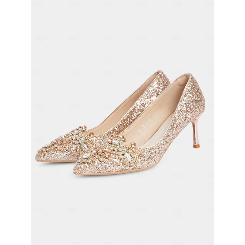 Women's Gold Glitter Stiletto Heels with Embellished Rhinestones – Elegant Wedding and Evening Party Shoes3