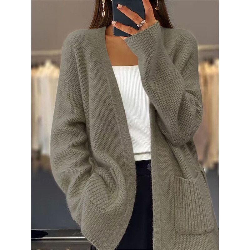 Women's Sweater Cardigan Casual Soft Pure Color Ribbed Open Front Pocket Knitted Long Sleeve Regular Tops Knit Outdoor Daily Weekend Green Beige Fall Winter4