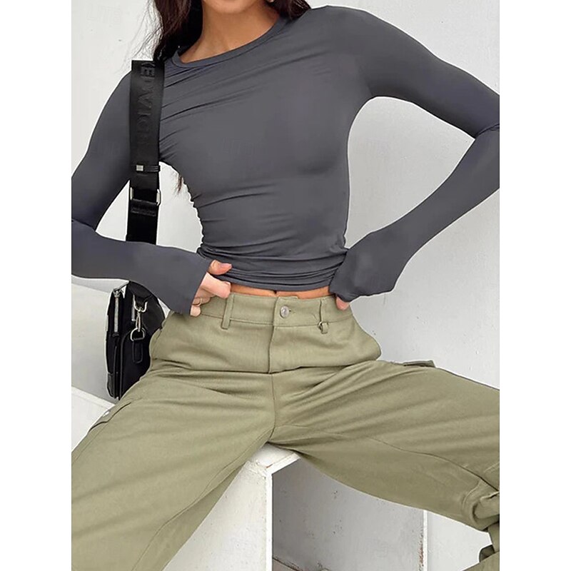 Women's T Shirt Plain Fashion Modern Casual Long Sleeve Crew Neck Regular Tops Daily Weekend Brown Gray Fall Winter3