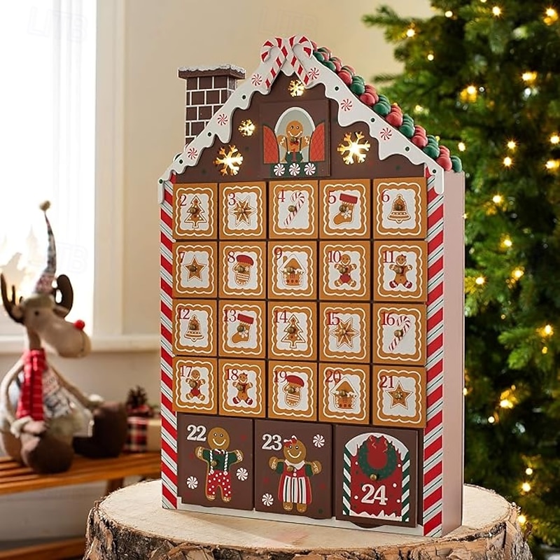 Christmas Wooden Gingerbread House Advent Calendar with Lights with 24 Storage Drawers  Xmas Countdown Calendar Decoration Reusable Advent Calendar DIY for Adults Kids Gifts Holiday Decoration