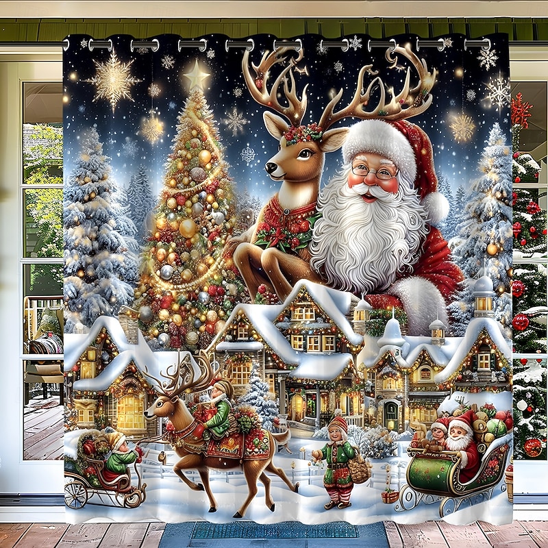 Christmas Decorations Santa Waterproof Outdoor Curtain Privacy, Sliding Patio Curtain Drapes, Pergola Curtains Grommet For Gazebo, Balcony, Porch, Party, 1 Panel