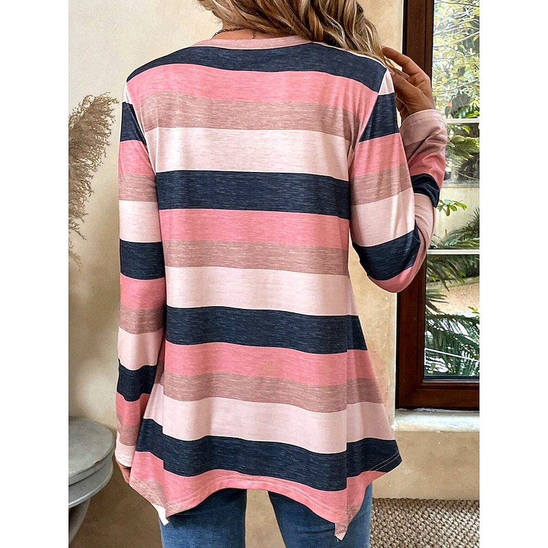 Women's Tunic T Shirt Striped Casual Long Sleeve Crew Neck Regular Tops Daily Print Asymmetrical Pink Spring &  Fall2