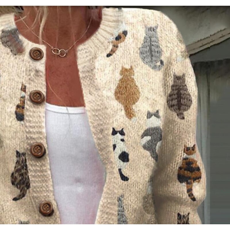 Women's Cardigan Sweater Knitted Ribbed Button Front Round Neck Long Sleeve Lightweight female Daily Graphic Crew Neck Print Regular Tops Knit Weekend Pink Khaki Fall Winter3