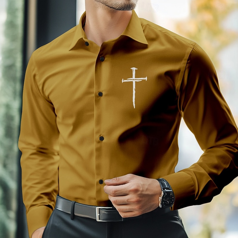 Men's Dress Shirt Button Up Shirt Cross Formal Business Black White Blue Brown Long Sleeve Shirt Collar Fall Winter Clothing Apparel Button Up3