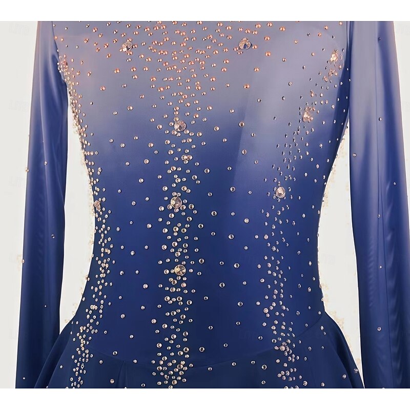 Figure Skating Dress Women's Girls' Ice Skating Dress Dark Blue Thumbhole Halo Dyeing Mesh Spandex Stretchy Training Practice Professional Skating Wear Thermal Warm Classic Crystal / Rhinestone Long3