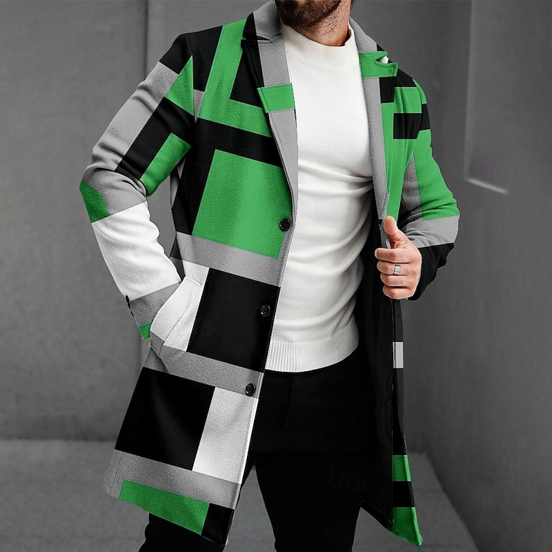 Men's Geometric Winter Coat Fleece Jacket Overcoat Thermal Comfortable Casual Party Evening Wear Daily Wear 3D Print Buttons Front Pocket Winter Turndown Long Sleeve Red Blue Green3