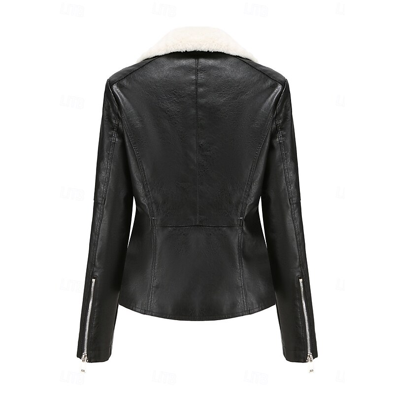 Women's Faux Leather Jacket Fleece Jacket Warm Breathable Zipper Pocket Fleece Lined Casual Plain Vacation Street Daily Wear Going out Zipper Short Turndown Regular Fit Long Sleeve Outerwear Black2