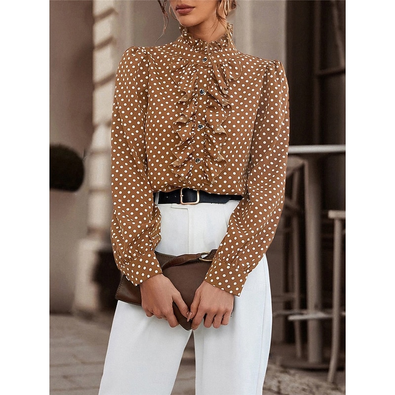 Women's Shirt Blouse Polka Dot Casual Long Sleeve Turtleneck Regular Tops Daily Ruffle Patchwork Buttons Black Brown Fall Winter3