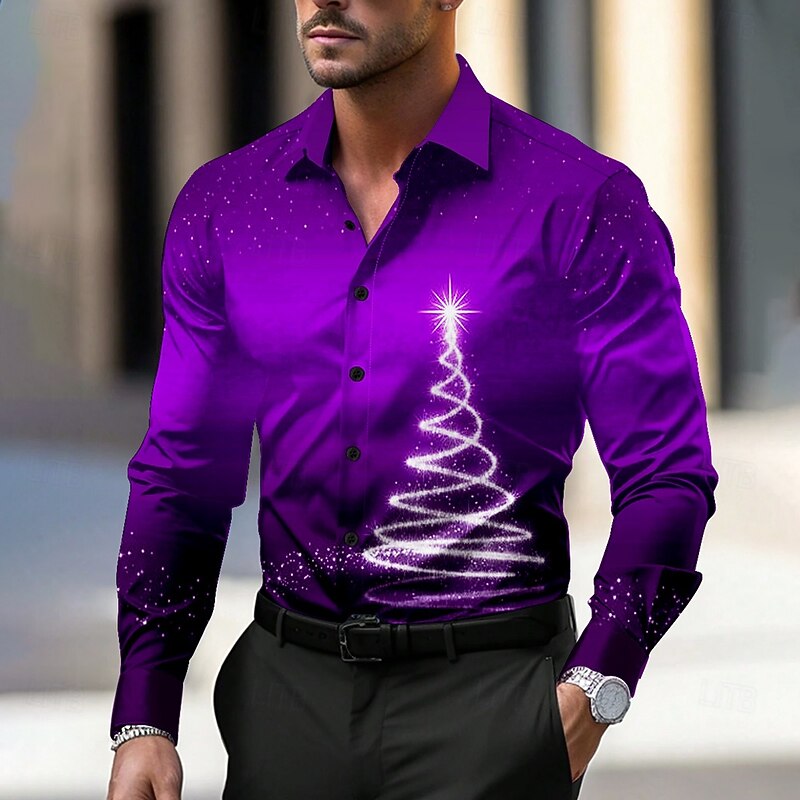 Christmas Men's Tree Sparkly Shirt Dress Shirt Button Up Shirt Long Sleeve Casual New Year Party Evening Wear Daily Fall Winter Spring & Summer Shirt Collar Button Up 3D Print Violet Pink Red Blue4