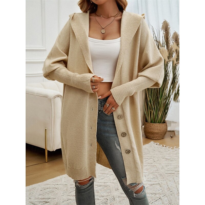 Women's Sweater Cardigan Casual Soft Pure Color Ribbed Hooded Buttons Pocket Knitted Long Sleeve Long Tops Knit Outdoor Daily Weekend Black Fuchsia Fall Winter4
