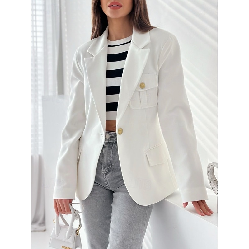 Women's Blazer Work Button Solid Color Casual / Daily Stylish Regular Fit Outerwear Long Sleeve Winter Black S3