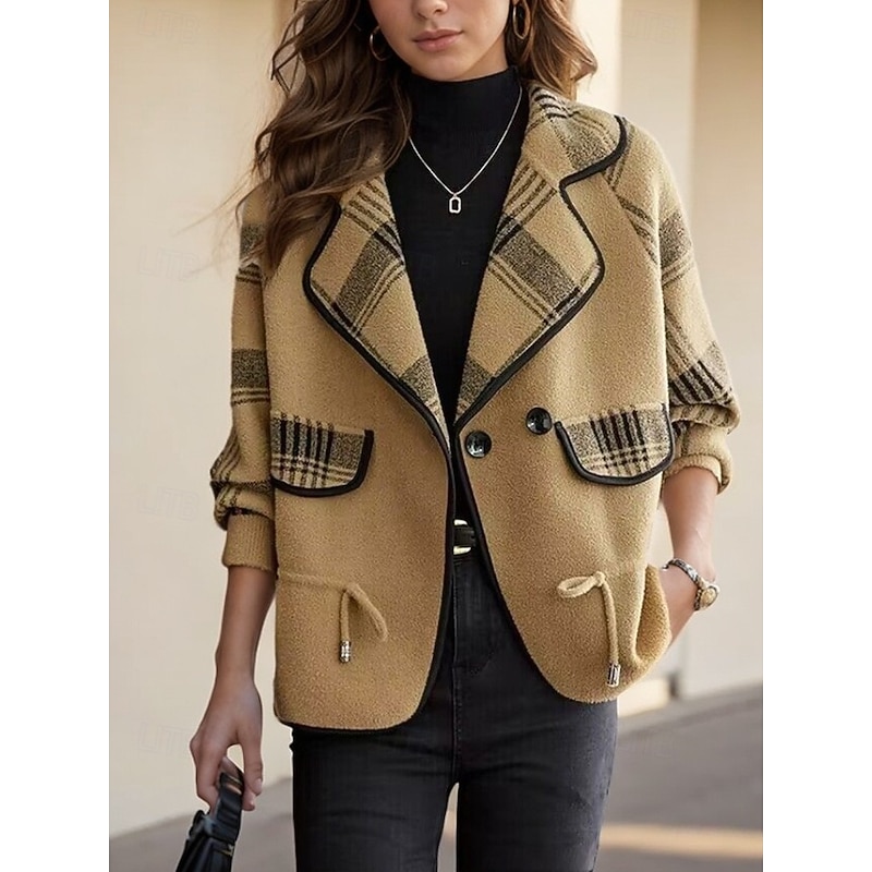 Women's Sweater Cardigan Sweater Jacket Shirt Collar Knit Patchwork Button Knitted Raglan Sleeves Spring Fall Daily Holiday Weekend Daily Stylish Casual Long Sleeve Plaid Color Block Black