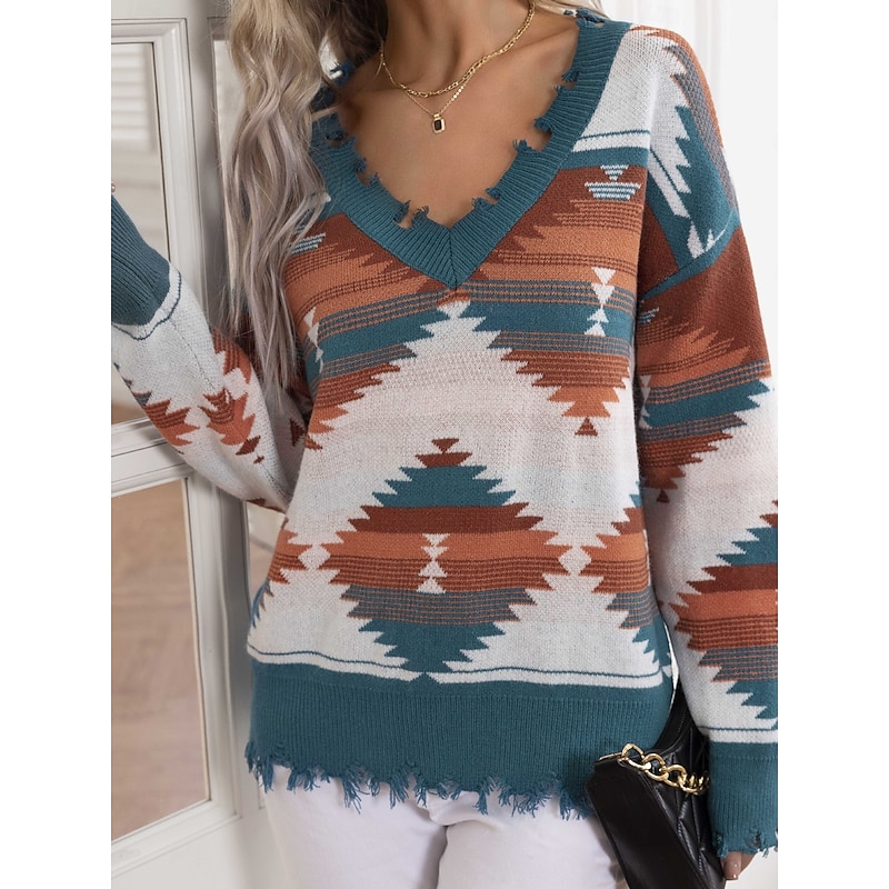 Women's Sweater Pullover Sweater Jumper Vintage Ethnic Style Casual Geometric Ribbed V Neck Knitted Long Sleeve Regular Tops Knit Outdoor Daily Weekend Royal Blue Purple Fall Winter3