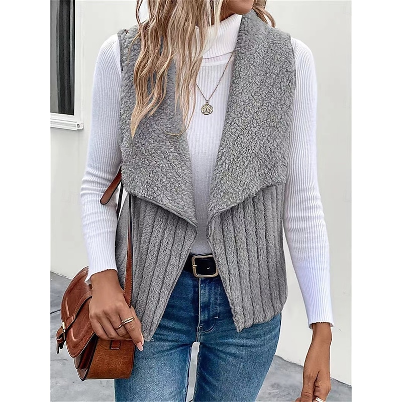 Women's Fleece Vest Warm Breathable Fleece Lined Casual Plain Vacation Street Daily Wear Going out Open Front Regular Turndown Regular Fit Sleeveless Outerwear White Khaki Gray Fall Winter4
