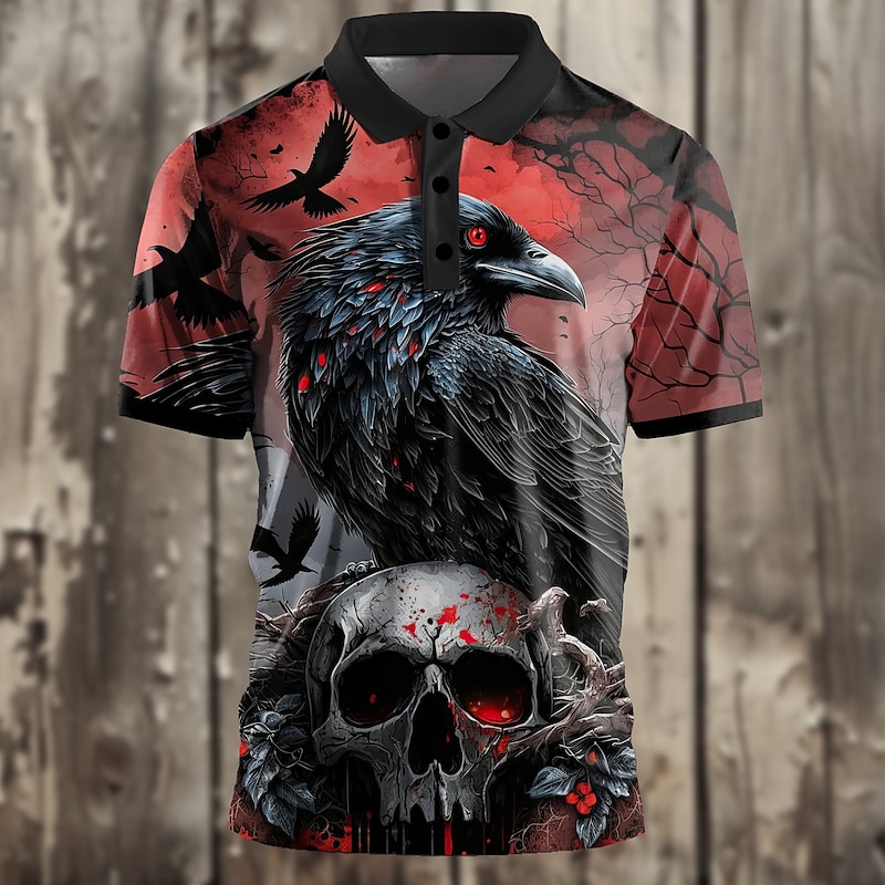 Day of the Dead Men's Skull Golf Shirt Short Sleeve Polo Shirts Collared Shirts Casual Horror Streetwear Festival Wear Party Outfits 3D Print Buttons Summer Black