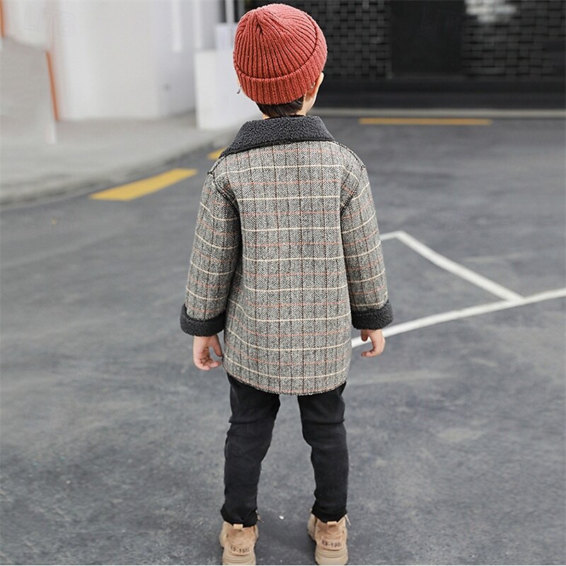 Kid's Boys' Woolen Coat Outerwear Plaid Long Sleeve Patchwork Pocket Coat Outdoor Fashion Daily Brown Gray Fall Winter 7-13 Years2