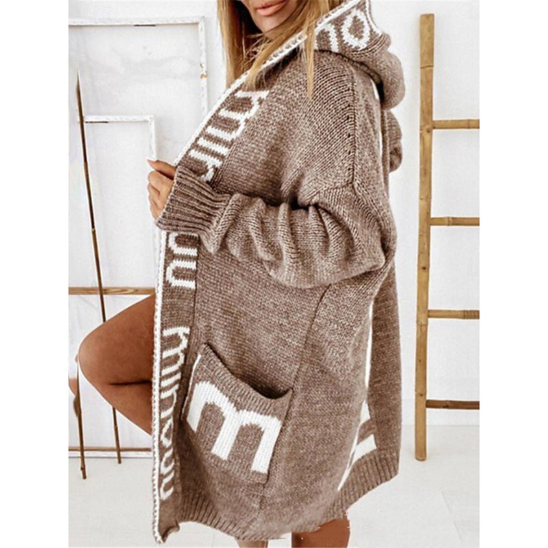 Women's Sweater Cardigan Casual Soft Letter Ribbed Hooded Pocket Knitted Long Sleeve Long Tops Knit Outdoor Daily Weekend Light Brown Gray Fall Winter3