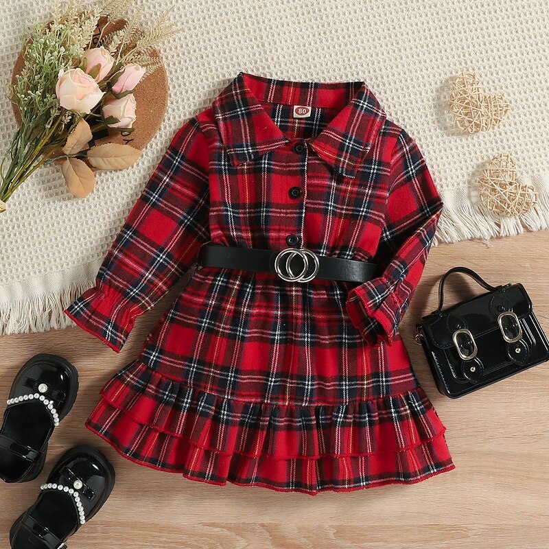 Kids Girls' Dress Plaid Long Sleeve Performance Party Patchwork Adorable Daily Polyester Midi Casual Dress Spring Fall 4 years+ Red