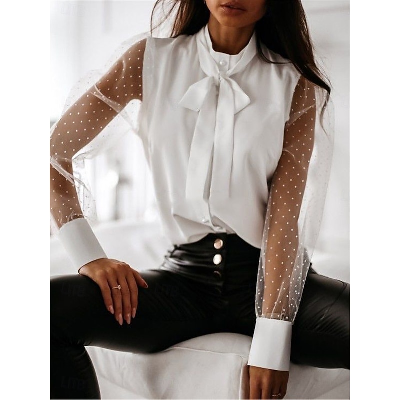 Women's Shirt Blouse Solid Color Basic Casual Long Sleeve Turtleneck Regular Tops Daily Tie Front Mesh Patchwork Black White Fall Winter3