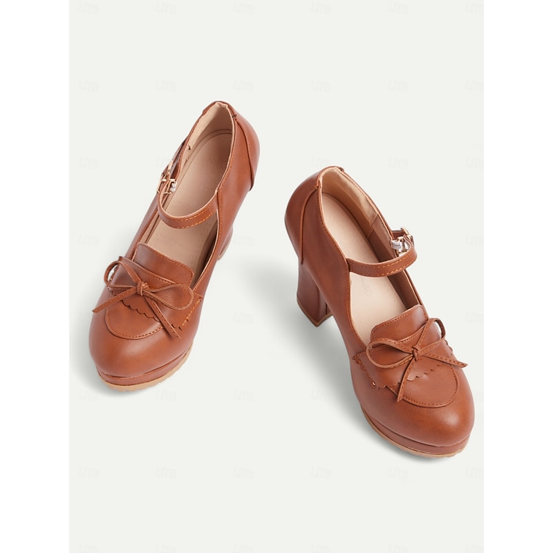 Women's Vintage Brown Mary Jane Pumps - Chunky Heel Platform Shoes with Bow Detail, Ideal for Retro and Classic Outfits, Perfect for Office, Parties, and Special Occasions4
