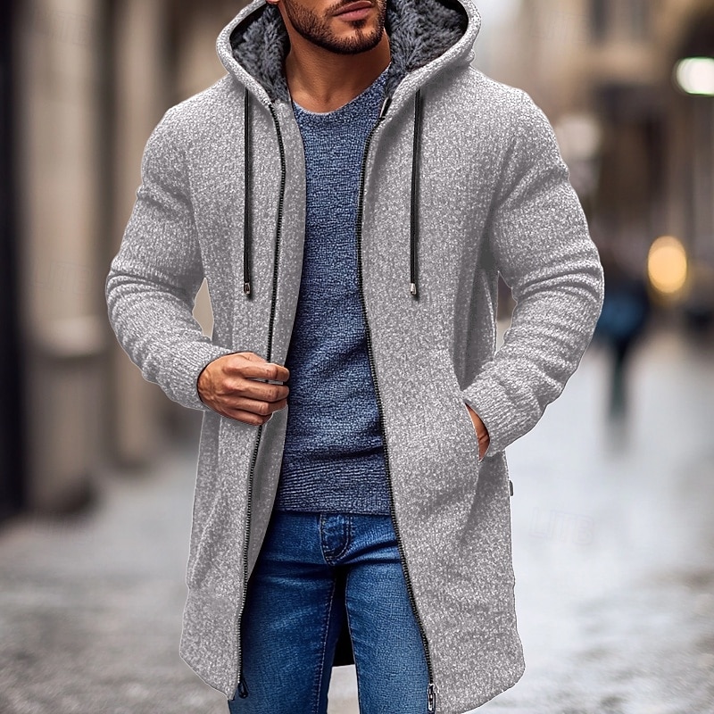 Men's Christmas Sweaters Cardigan Chunky Knit Regular Zipper Pocket Solid Color Hoodie Knitwear Elegant Home Work Clothing Apparel Bishop Sleeve Spring Fall Black Red M L XL2